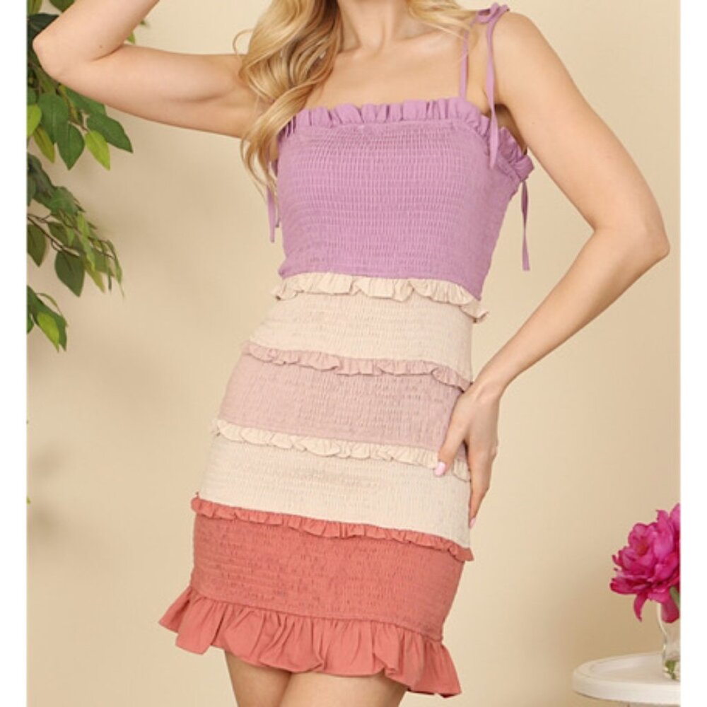 NEW Women's Lavender Multi Color Smocked Mini Dress Y2k Bohemian Summer Dress